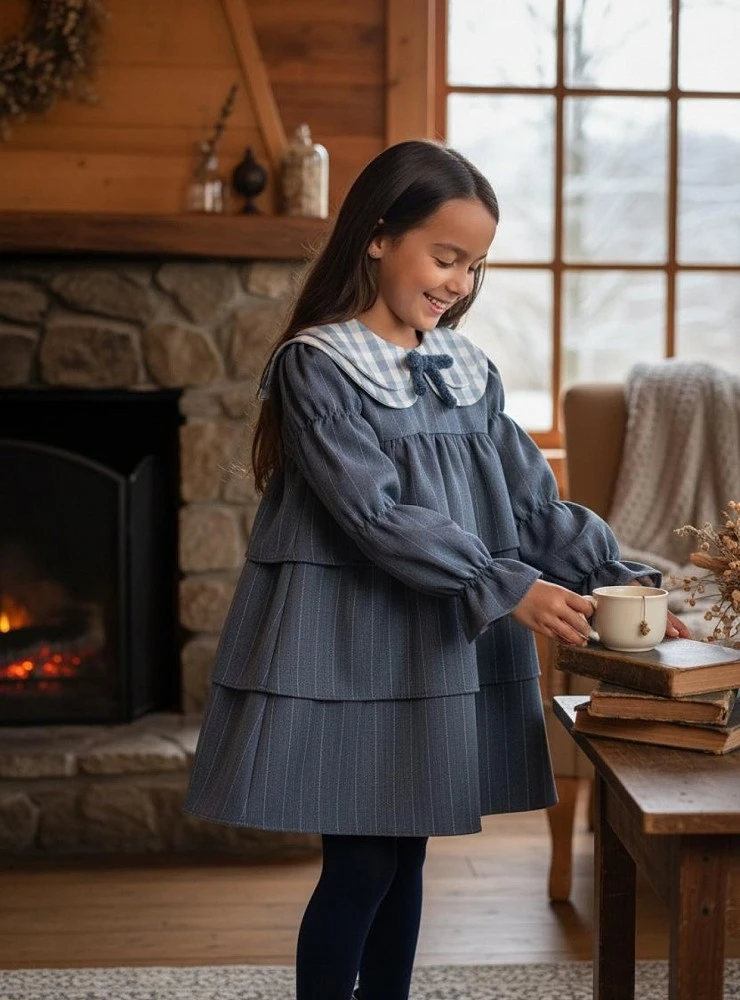 Baby girl's blue dress with plaid collar | Nieves Collection
