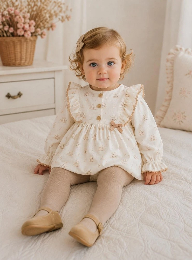 Baby girl's dress with flannel bloomers – Raw and sand print