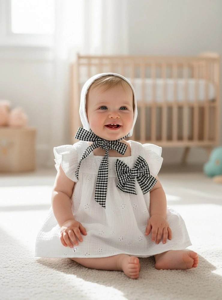Baby outfit with bonnet and bloomers, Ceramic Collection