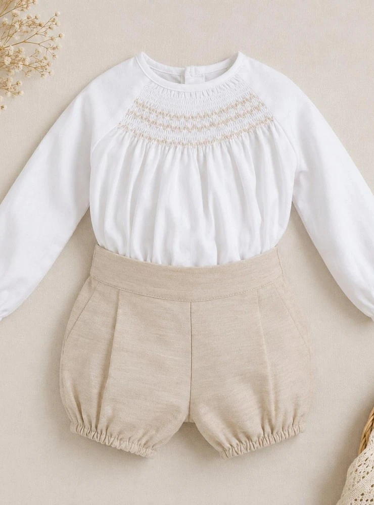 Baby set: raw linen blouse and sand bloomers