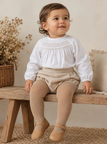 Baby set: raw linen blouse and sand bloomers
