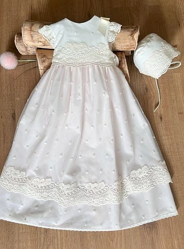 Beige and pale pink tulle skirt and bonnet set