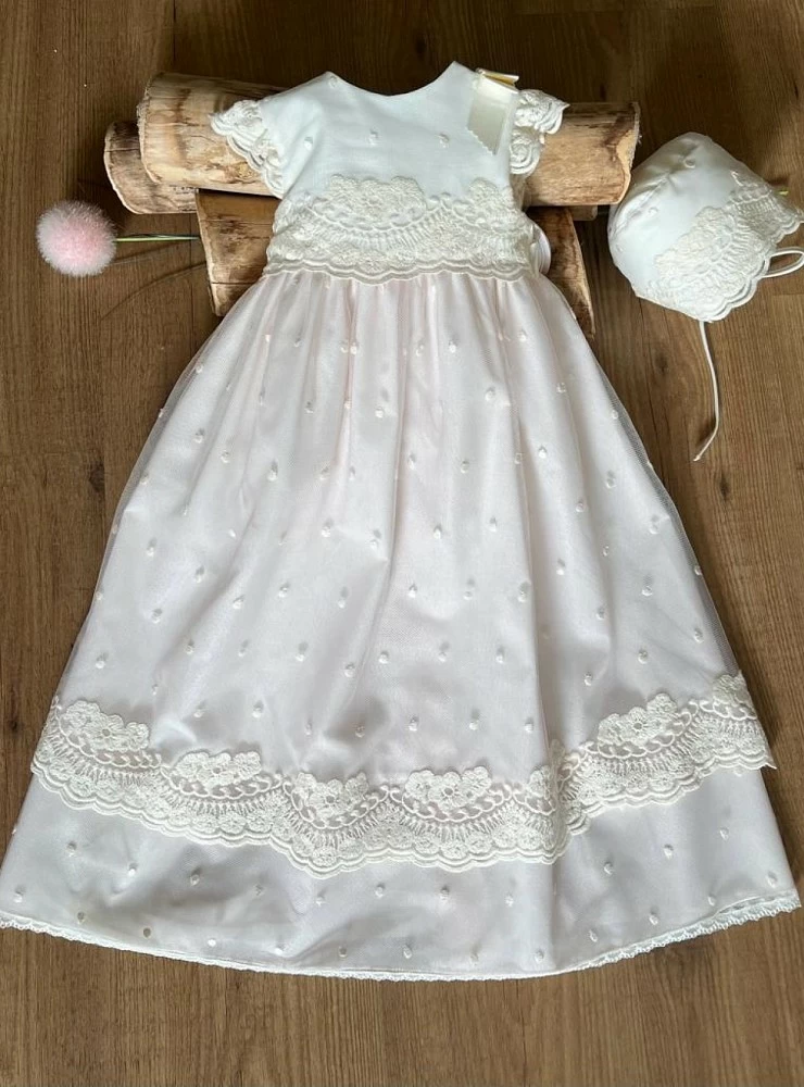 Beige and pale pink tulle skirt and bonnet set