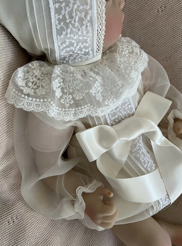 Beige Organza romper and bonnet unisex set. various sizes