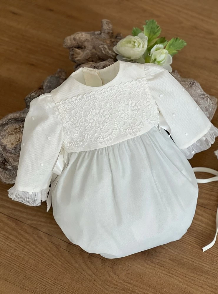 Beige romper and bonnet set with light green. Angel Collection