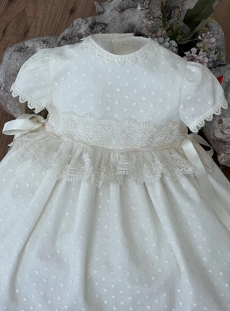 Beige tulle baby dress and bonnet set for special occasions