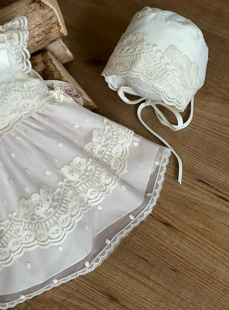 Beige tulle dress and bonnet set with pale pink