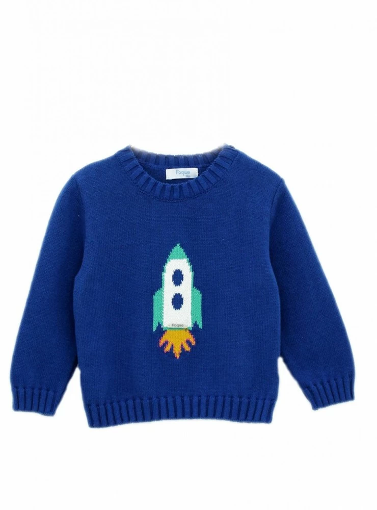 Blue knit sweater France with beautiful rocket.