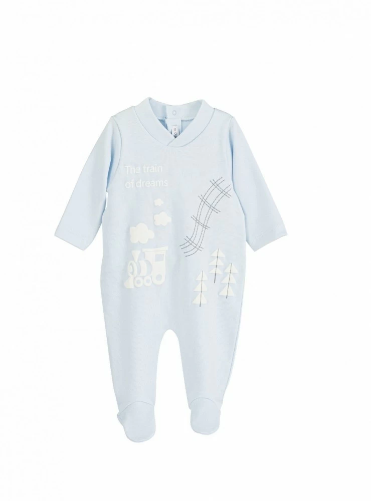 Blue pajamas or onesie with trains and clouds. very sweet