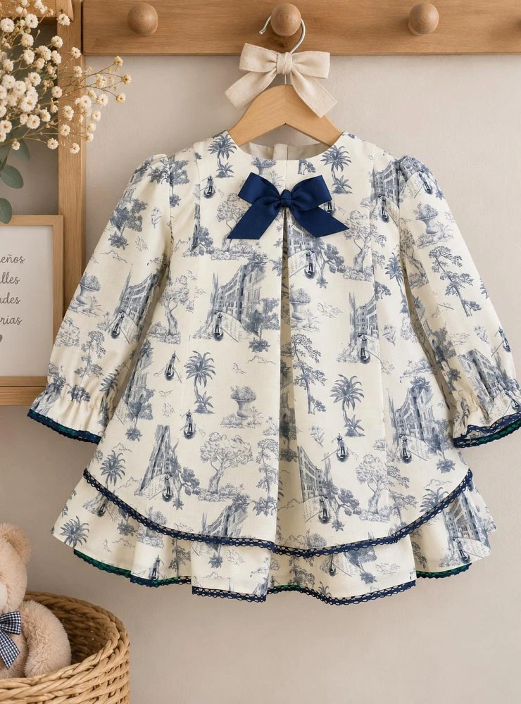Blue Toile de Jouy dress for girls