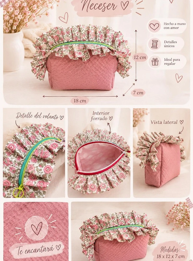 Bolsa de Aseo Artesanal Rosa con Volante Floral para Bebé y Mamá