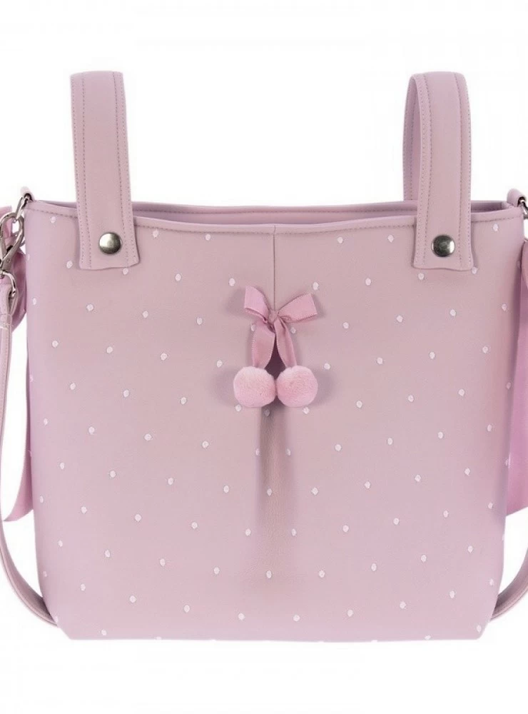 Bolso panera de polipiel con bodoques y pompones