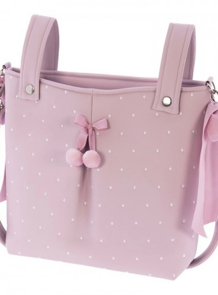 Bolso panera de polipiel con bodoques y pompones