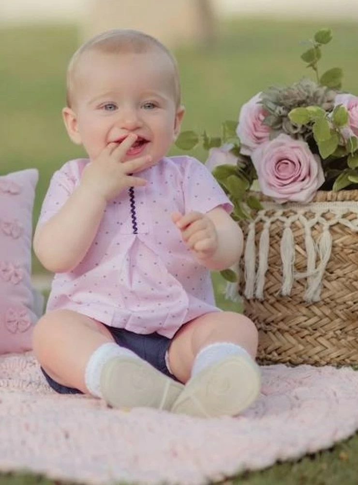 Boy set. Pink blouse and navy bloomers.