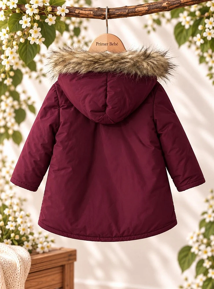 Boys' burgundy anorak with faux-shearling lining and hood