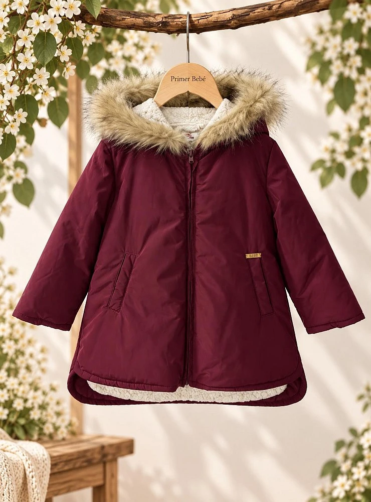 Boys' burgundy anorak with faux-shearling lining and hood