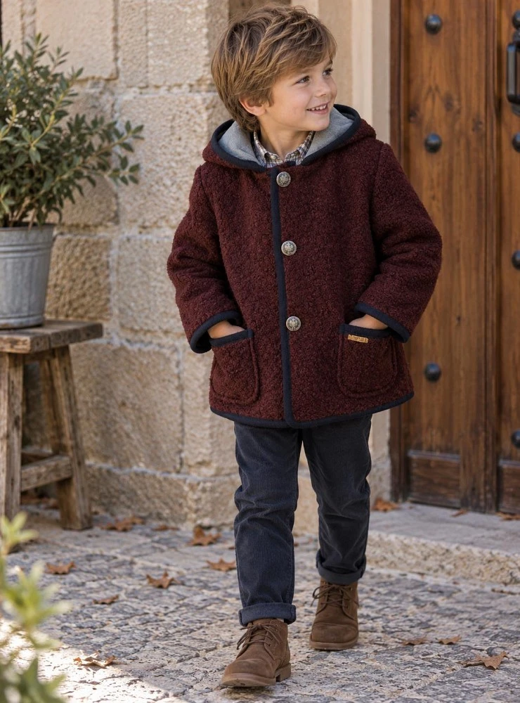 Boys' hooded duffle coat in brown and maroon