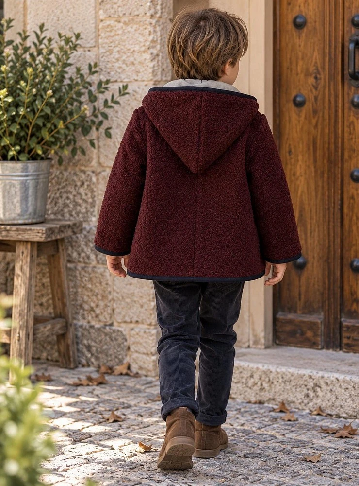 Boys' hooded duffle coat in brown and maroon