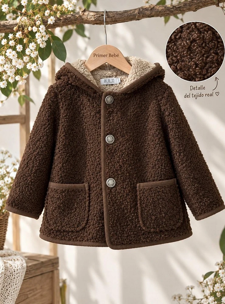 Boys' hooded duffle coat in brown and maroon