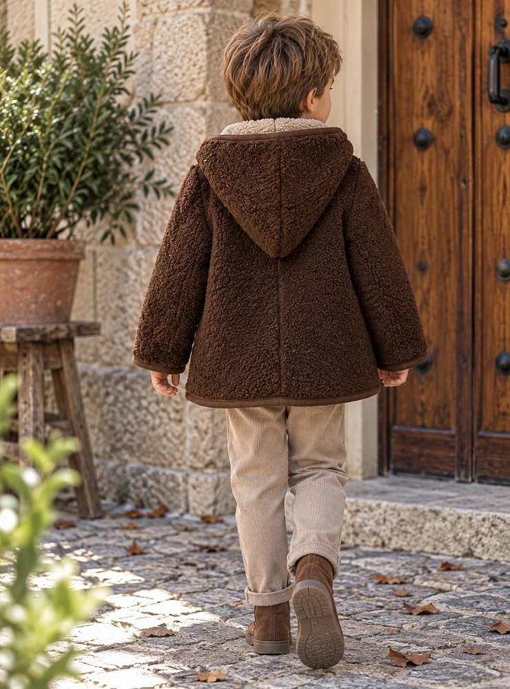 Boys' hooded duffle coat in brown and maroon