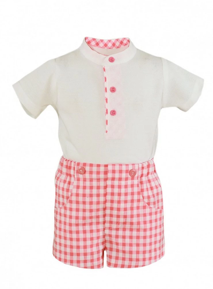 Boy's set coral Vichy polo shirt and pants