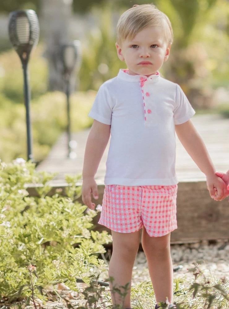 Boy's set coral Vichy polo shirt and pants