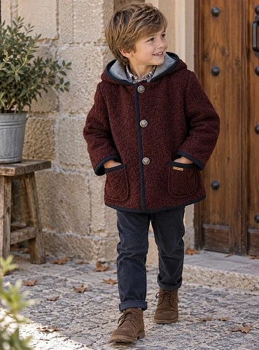 Boys' hooded duffle coat in brown and maroon