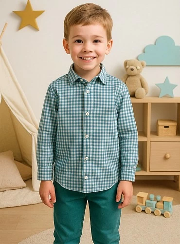 Boys' shirt with a teal-green checkered pattern