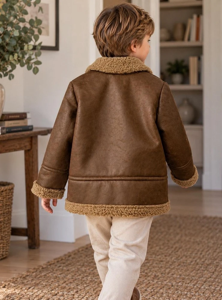 Brown shearling-style jacket for boys with a faux-shearling lining