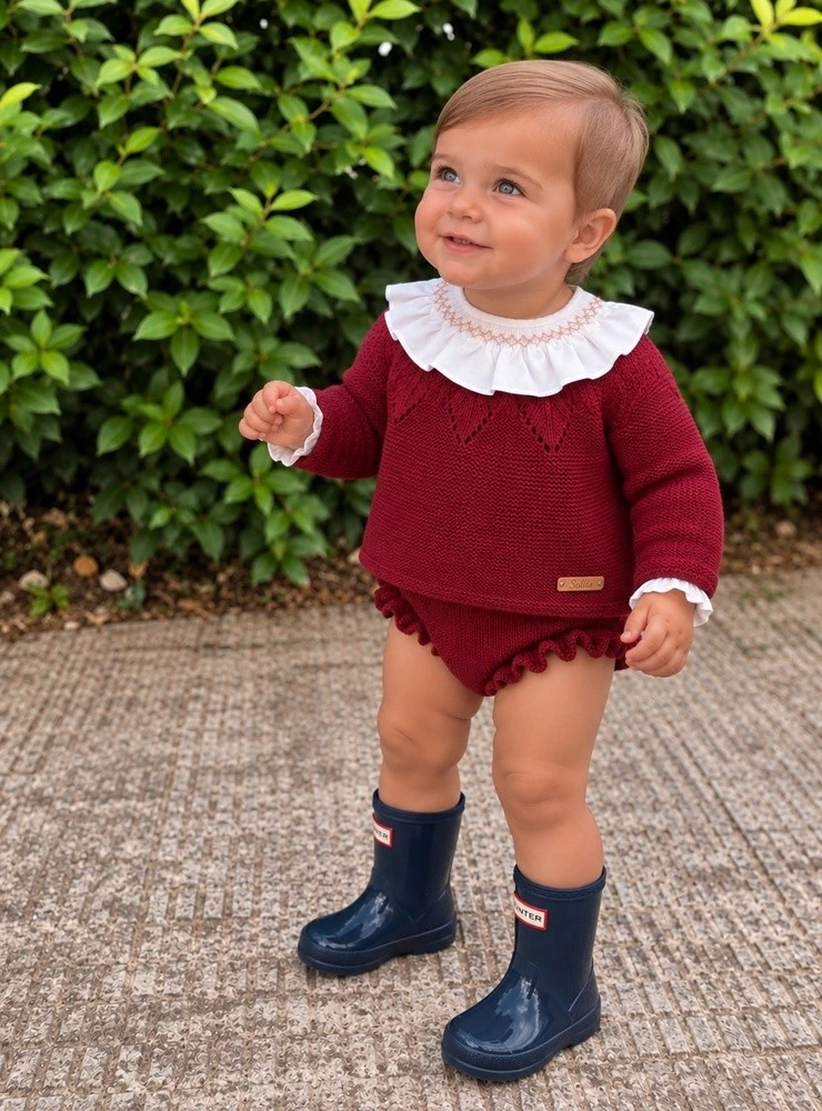 Burgundy baby outfit with a knit set and embroidered collar.
