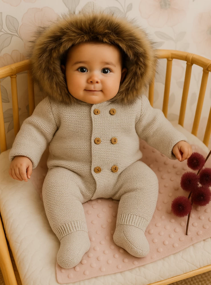 Buzo unisex en punto gordito. Capucha de pelo natural