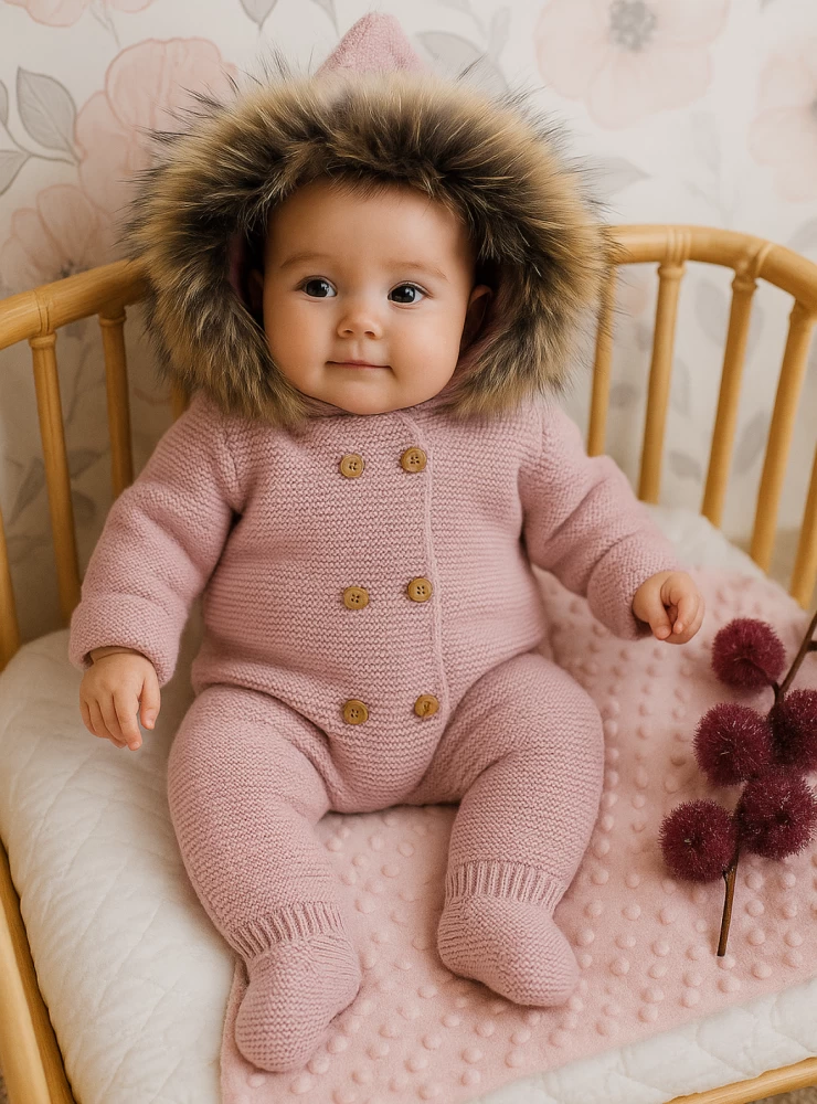 Buzo unisex en punto gordito. Capucha de pelo natural