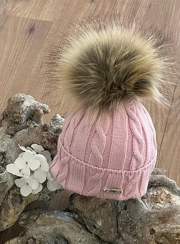 Cable knit and ribbed hat with pompom