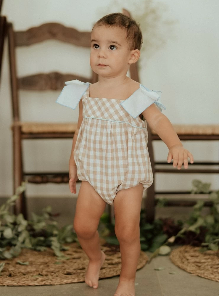 Camel and white vichy romper by Pio Pio