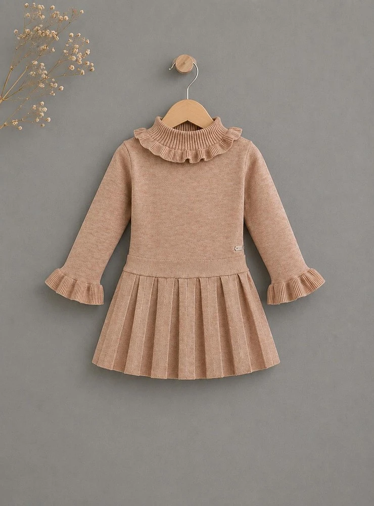 Camel-colored fine knit dress for girls with pleated skirt