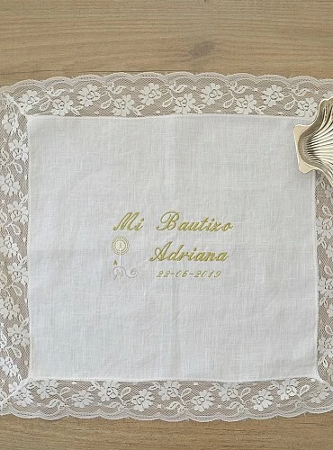 Cava or towel of Baptism color champagne. Personalized