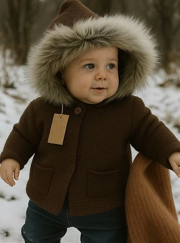 Chaquetón en punto con capucha de pelo natural. Colección Pastelito de Lolittos