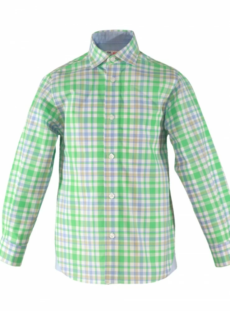 Checked shirt for children in green, blue and camel.