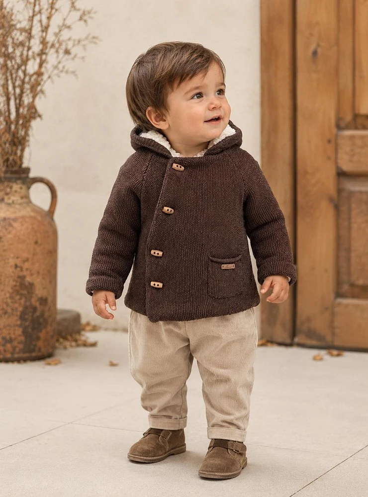Chocolate-Colored Knitted Duffle Coat with Fleece Lining
