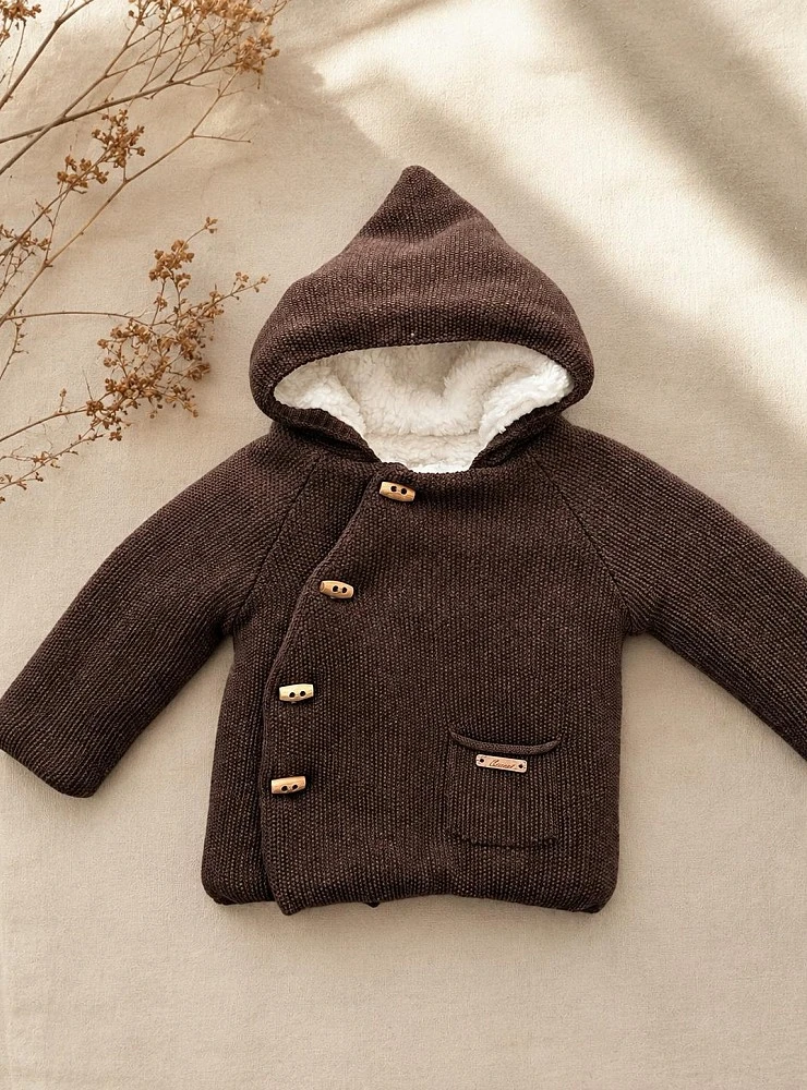 Chocolate-Colored Knitted Duffle Coat with Fleece Lining