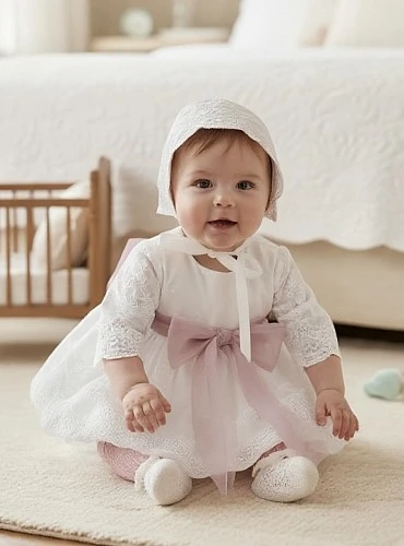 Christening gown with bonnet and guipure bloomers · Dalia Collection