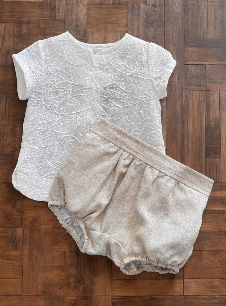 Christening outfit for boys with sand linen bloomers