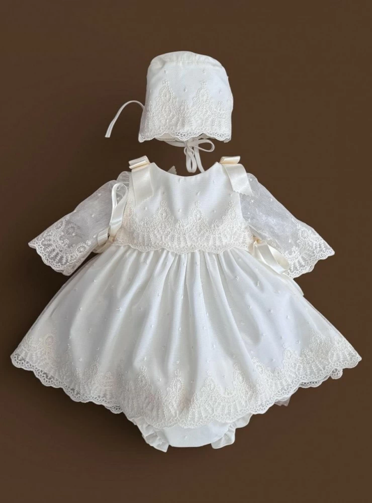 Christening outfit with bonnet and bloomers. Fantasy Collection