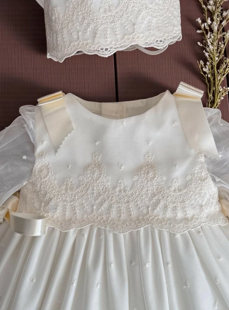 Christening outfit with bonnet and bloomers. Fantasy Collection