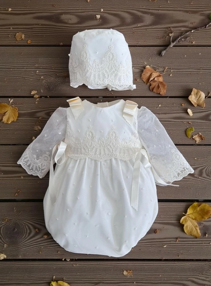 Christening romper and bonnet set from the Fantasy collection