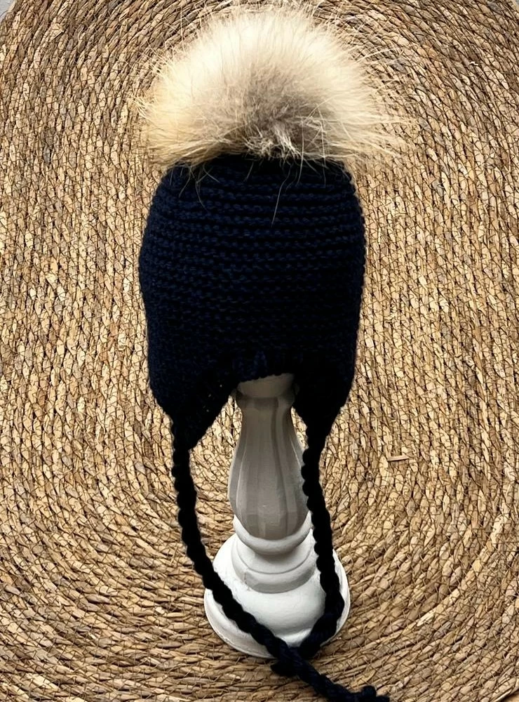 Chubby Knit Aviator Hat with Fur Pom Pom