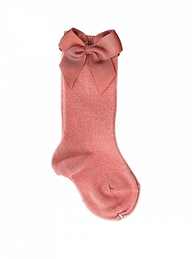 Condor brand high sock or tights, plain knit with bow. Color 126 Terracotta