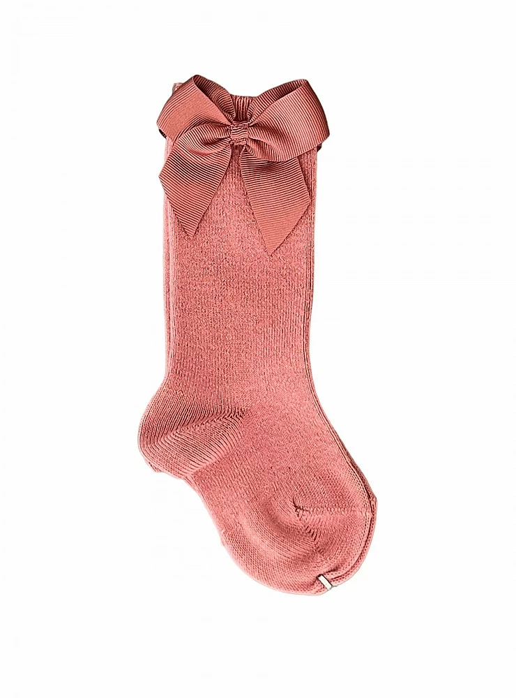 Condor brand high sock or tights, plain knit with bow. Color 126 Terracotta