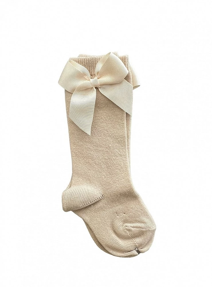 Condor brand high sock or tights, plain knit with bow. Color 304 linen