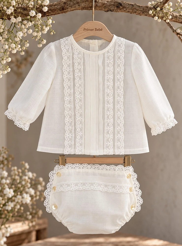 Conjunto Bautizo Bebé Organza Crudo Perla Manga Larga